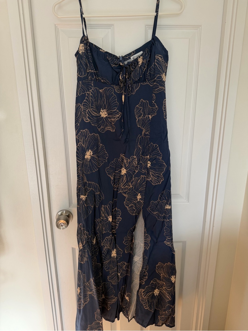 Navy Floral Midi Dress with Beige Bloom Print